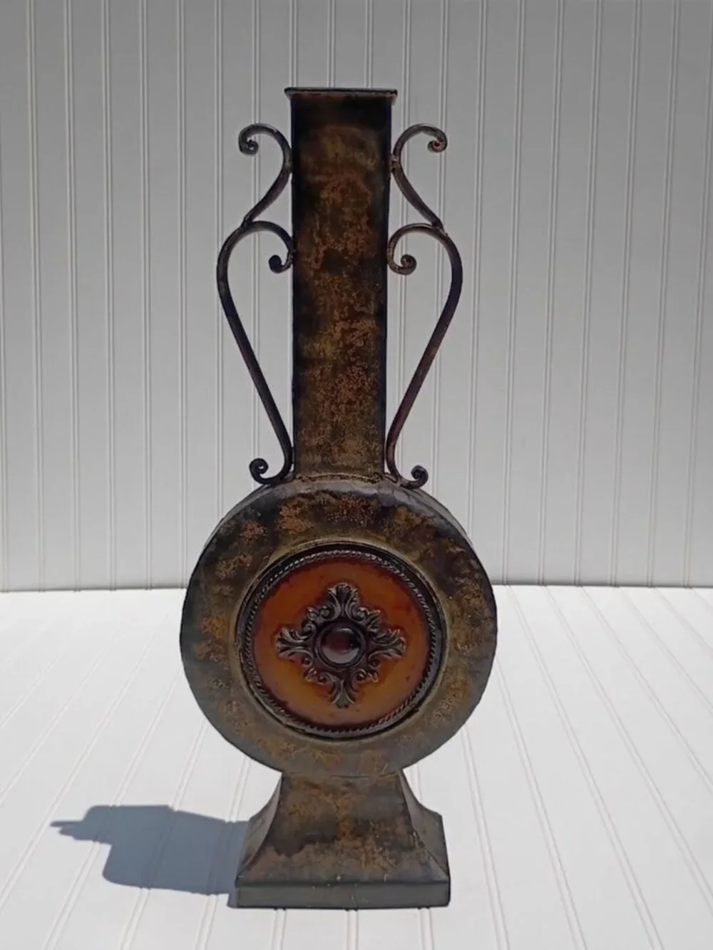 Tuscan Style Metal Vase Hand Forged Wrought Iron Bronze Finish Rustic Handles